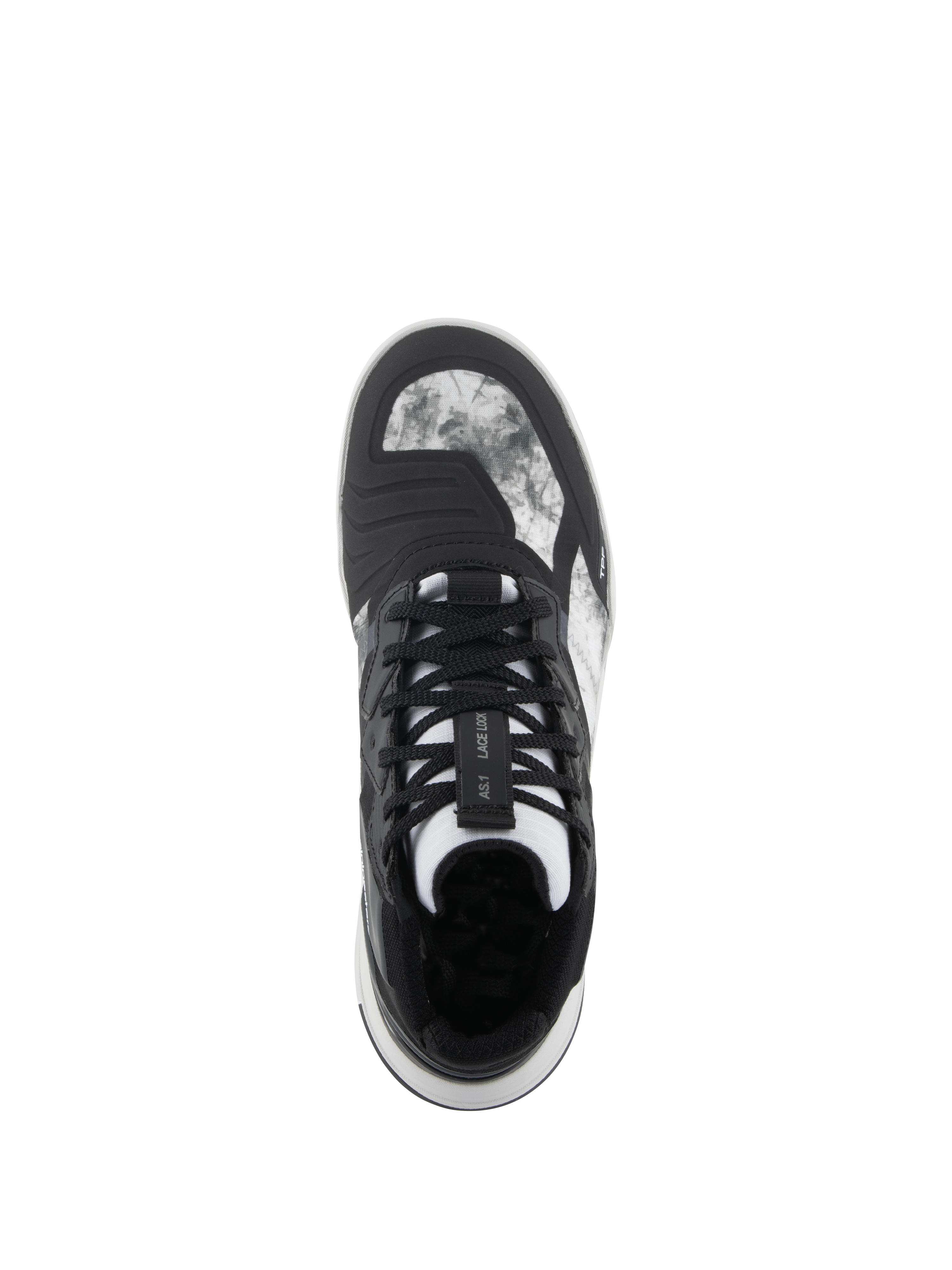 Alpinestars Speedflight Shoes, Black Gray White, Top-down view showing marbled ripstop upper, lace lock system on the tongue, and integrated shift pad, street-styled motorcycle riding shoe