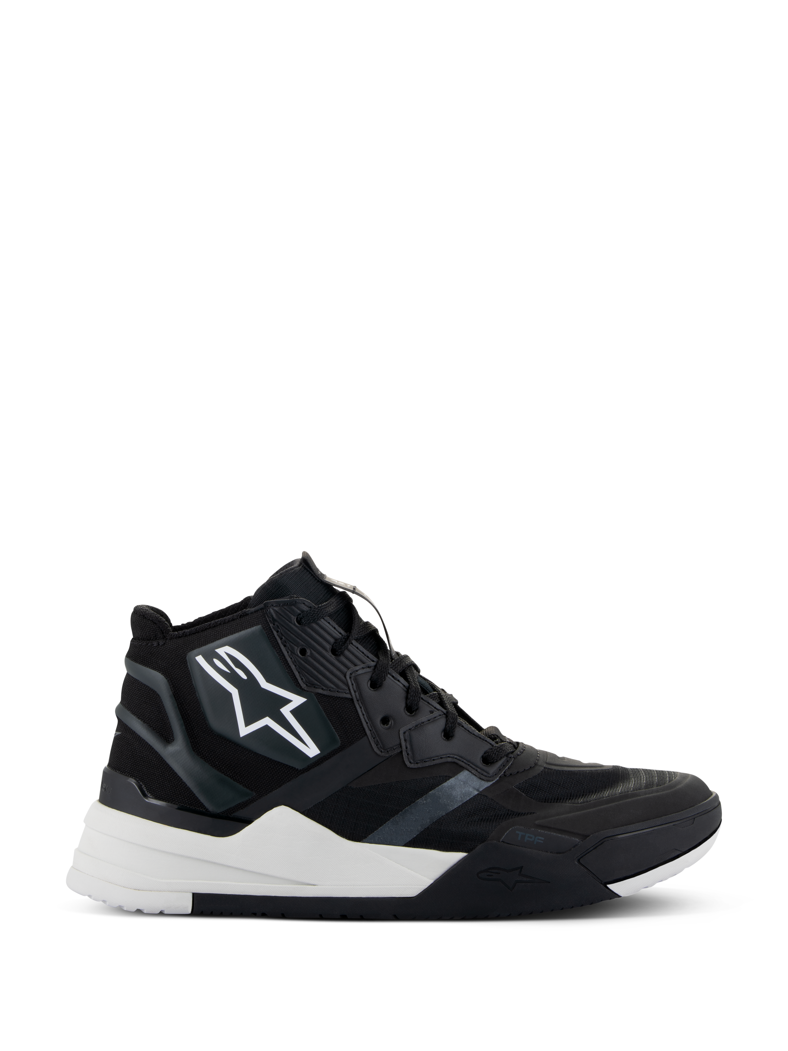 Alpinestars Speedflight Shoes, high-top motorcycle riding shoes, Black and White, featuring a ripstop upper with seamless reinforcements, white star logo on the side, dual-density sole with thick white midsole and black accents, modern sneaker-inspired design for urban motorcycling