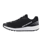 Alpinestars Meta Road V2 Shoes, Sportswear Shoes, Black and White, breathable mesh upper with diagonal textured ridges, thick white midsole, white Alpinestars logo on the side, white stripe accents on the heel, athletic design for casual wear and race-team workwear