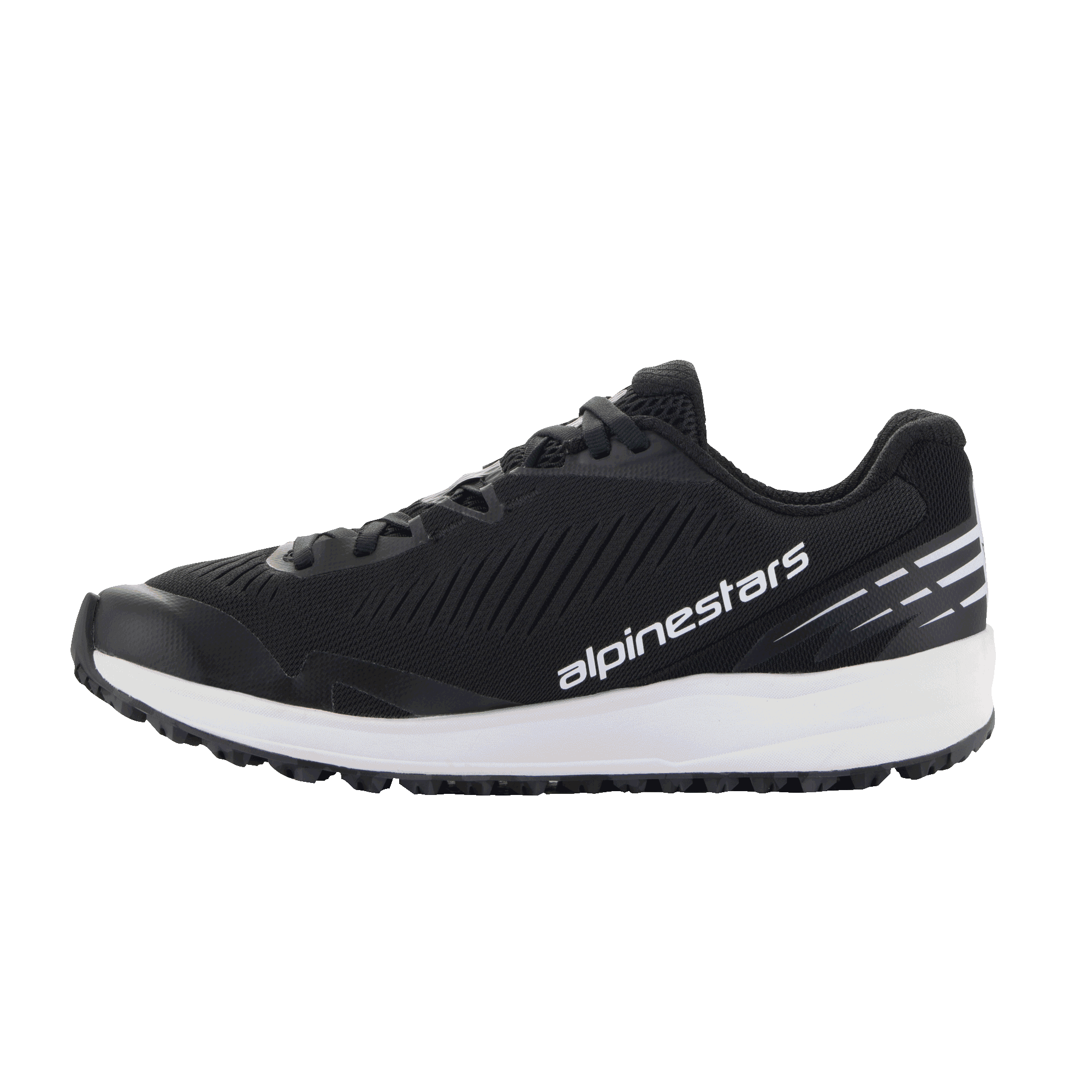 Alpinestars Meta Road V2 Shoes, Sportswear Shoes, Black and White, breathable mesh upper with diagonal textured ridges, thick white midsole, white Alpinestars logo on the side, white stripe accents on the heel, athletic design for casual wear and race-team workwear