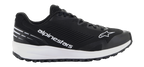 Alpinestars Meta Road V2 Shoes, black athletic footwear with a thick white sole, featuring white Alpinestars branding and star logo, textured mesh upper, black laces, and rugged grip outsole, lightweight sporty design for race-team workwear and casual use