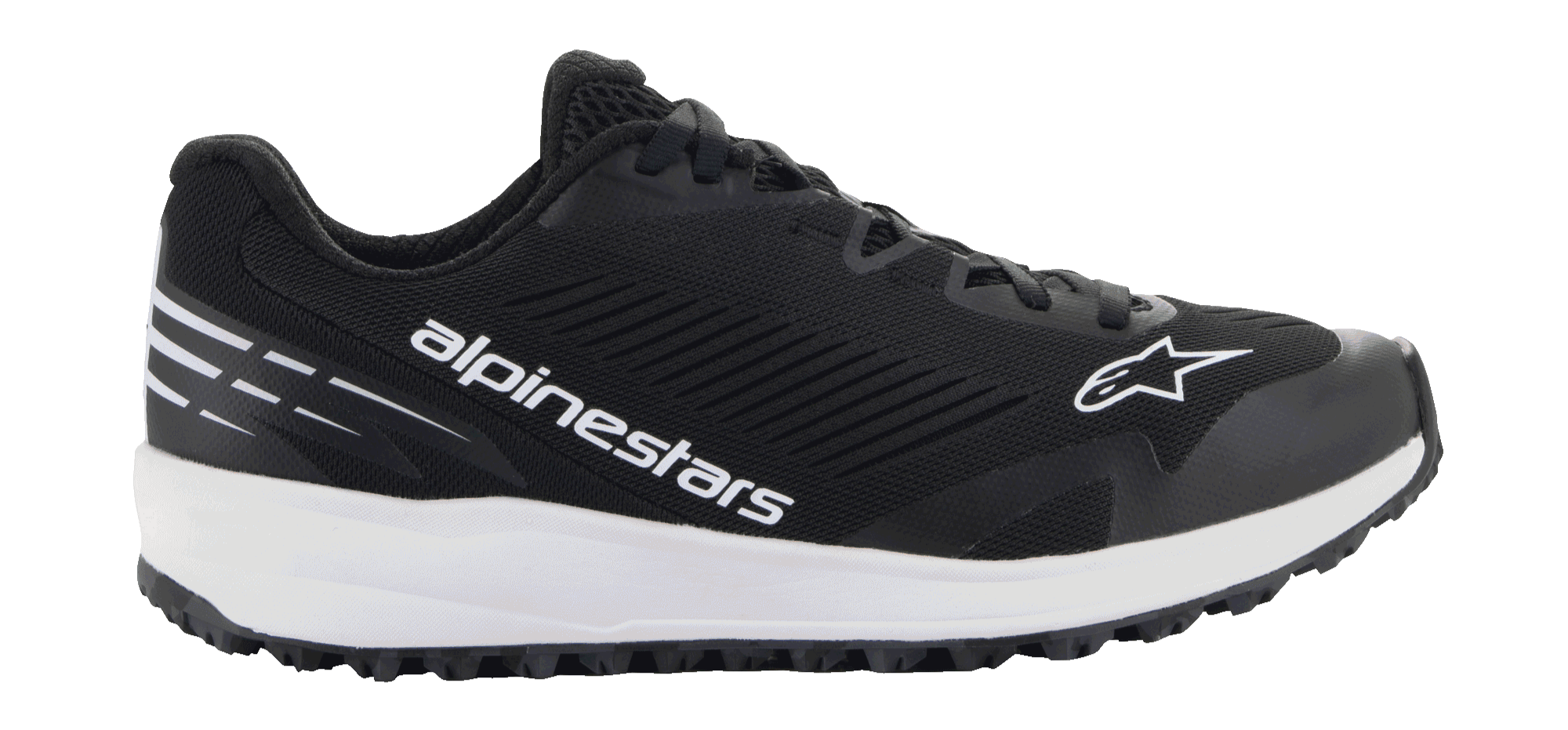 Alpinestars Meta Road V2 Shoes, black athletic footwear with a thick white sole, featuring white Alpinestars branding and star logo, textured mesh upper, black laces, and rugged grip outsole, lightweight sporty design for race-team workwear and casual use