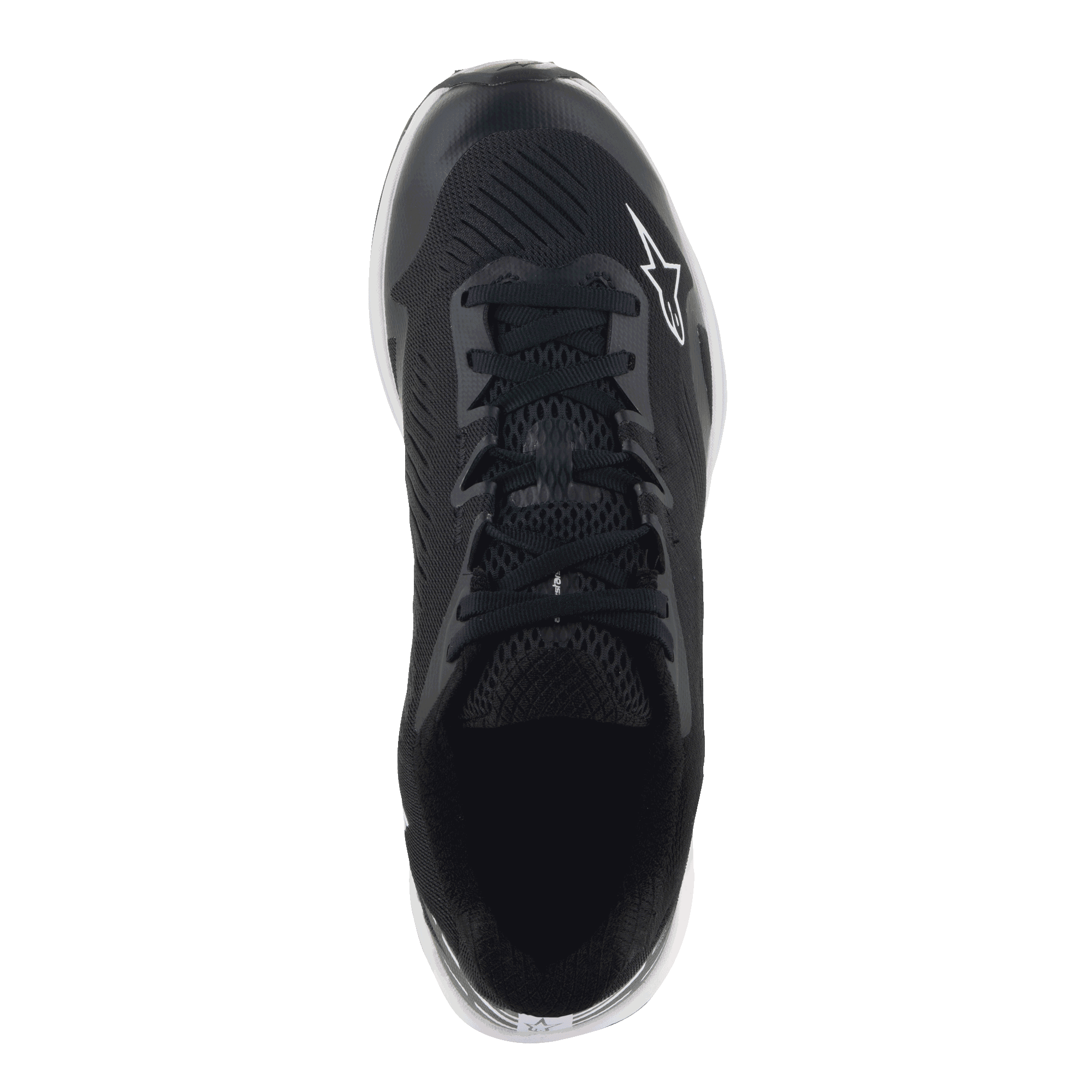 Alpinestars Meta Road V2 Shoes, Sportswear Shoes, Black and White, top-down view showing breathable synthetic mesh upper, black laces, and white Astars logo, designed for all-day comfort and race-team workwear.