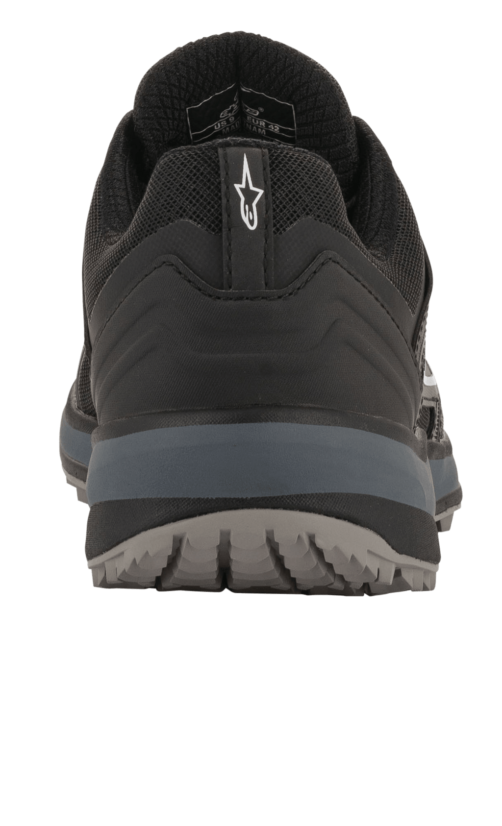 Alpinestars Meta Trail Shoes, Performance Running Shoes, Black and Dark Gray, rear view showing heel pull tab with white Astar logo, dark gray midsole, and textured outsole, casual motorsport-inspired footwear for the paddock