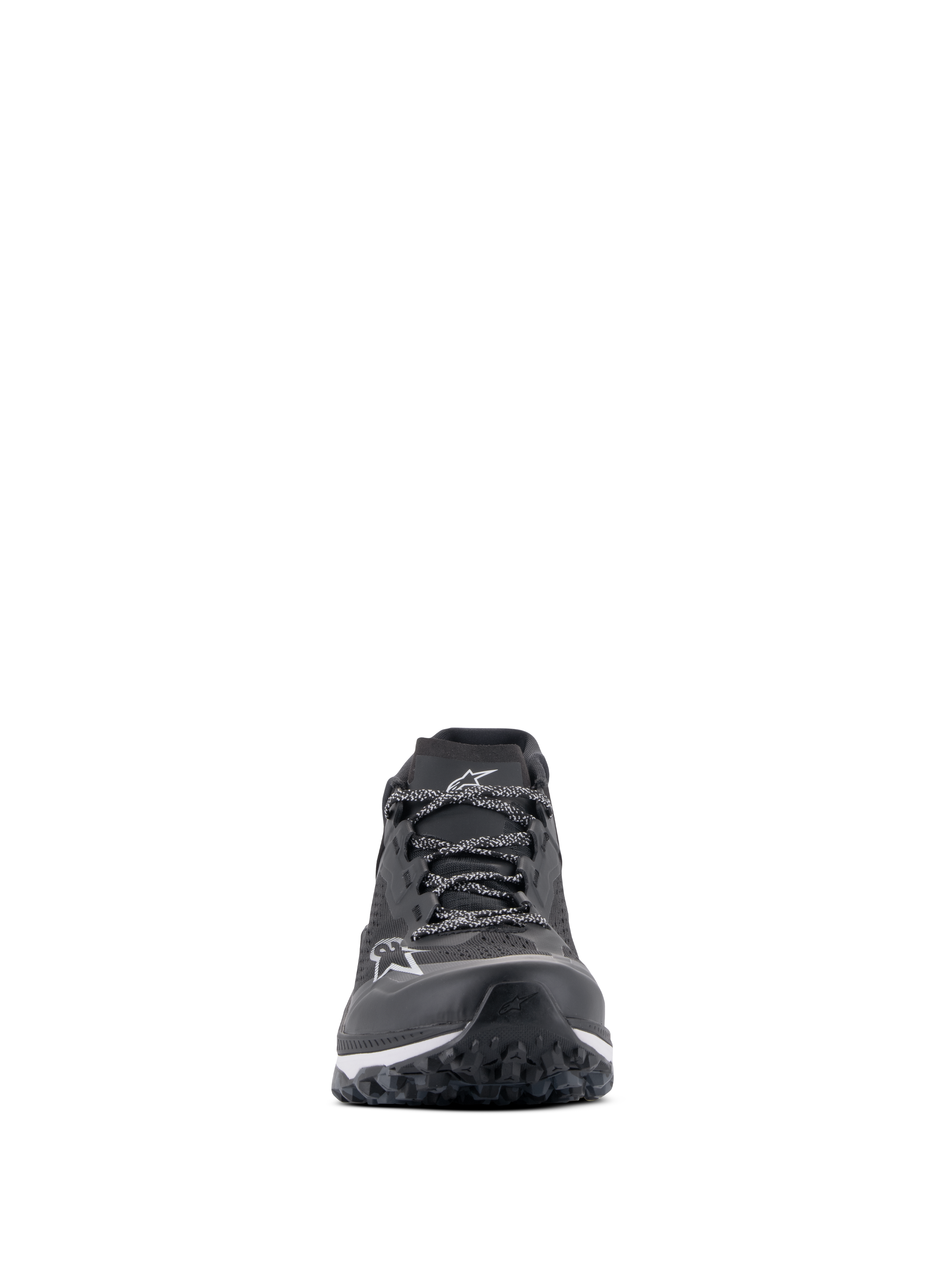 Alpinestars Meta XR V2 Shoes, Sport Casual Footwear, Black White and Dark Gray, front view showing the technical mesh upper, patterned laces, white Alpinestars logo on the toe, and rugged outsole designed for traction and comfort.