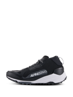 Alpinestars Meta XR V2 Shoes, sportswear shoes, Black White and Dark Gray, side profile featuring mesh upper, white midsole, and rugged outsole, bold white Alpinestars branding on the side panel.