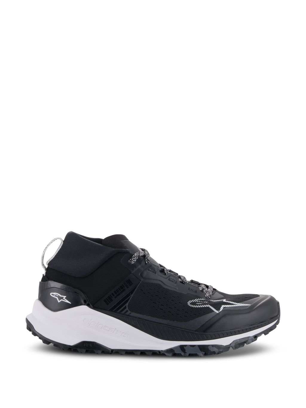 Alpinestars Meta XR V2 Shoes, Sportswear Shoes, Black and White, technical mesh upper with a chunky white midsole and rugged dark gray outsole, sport-casual design with elastic collar and Alpinestars branding