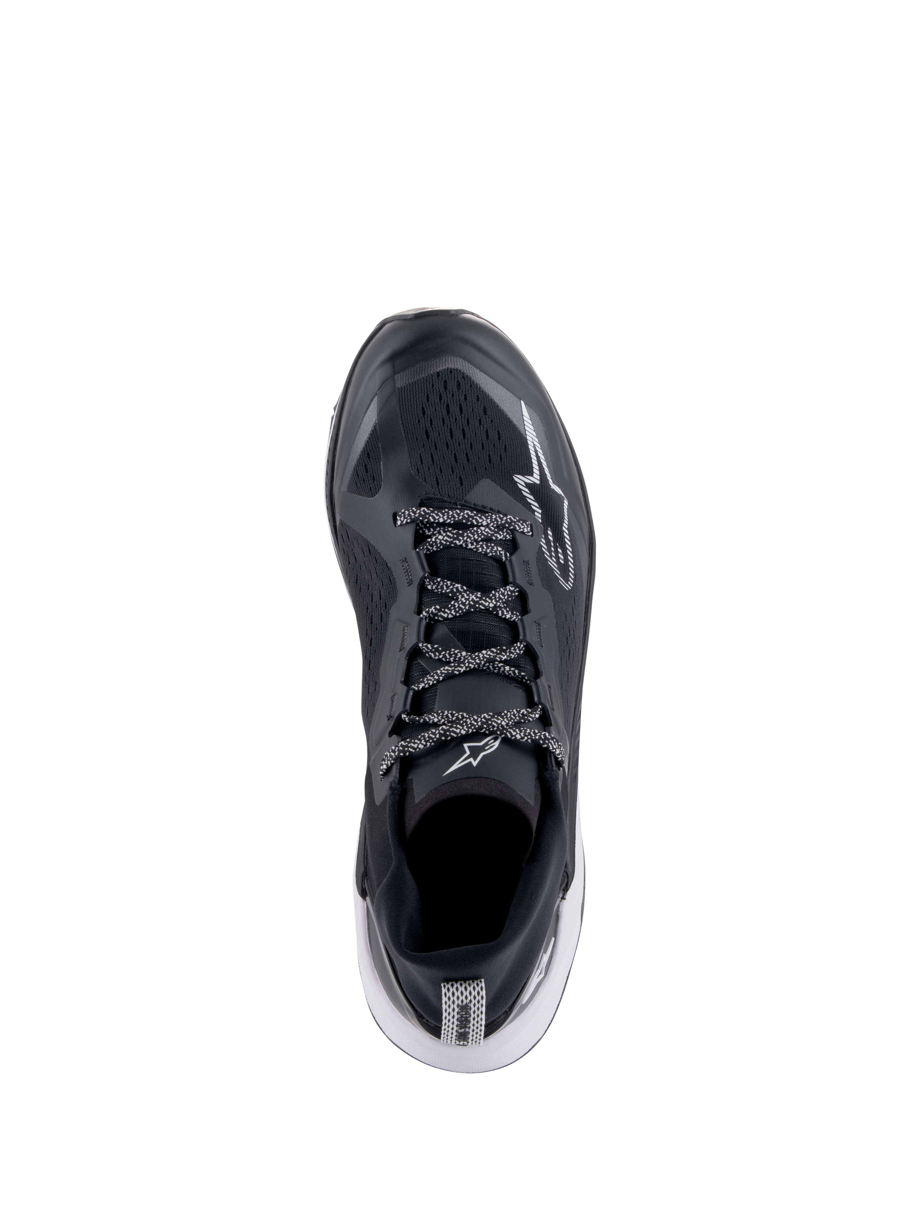 Alpinestars Meta XR V2 Shoes, Sportswear Shoes, Black White and Dark Gray, top-down view featuring breathable mesh upper and patterned laces, white star logo, casual athletic footwear