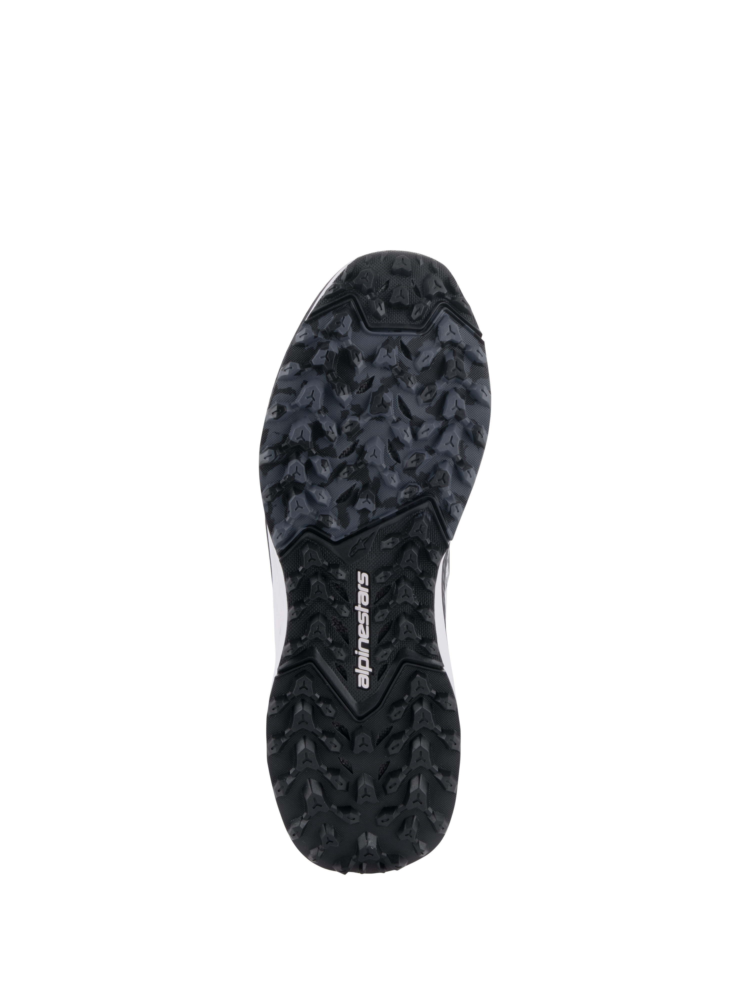 Alpinestars Meta XR V2 Shoes, rugged rubber sole view, black and dark gray outsole with lugged traction pattern, white Alpinestars branding in the center, designed for superior grip on off-road and dirty surfaces.
