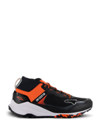 Alpinestars Meta XR V2 Shoes, Sport-Casual Sneakers, Black and Orange, featuring a single-piece mesh upper, thick white midsole with Alpinestars branding, and marbled rubber outsole, lightweight athletic design engineered for all-day comfort and off-road grip
