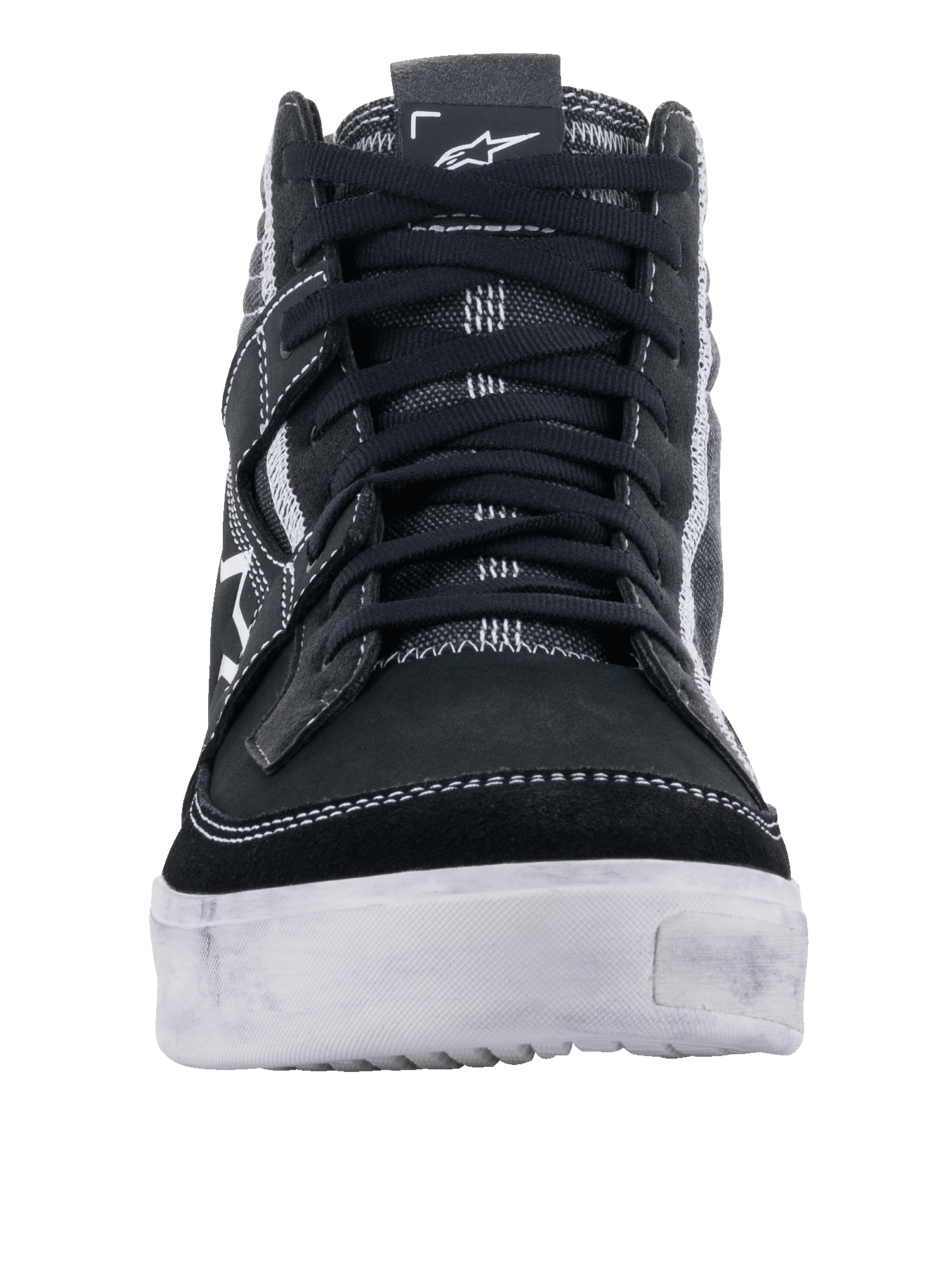 Alpinestars Ageless Riding Shoes, Black White Cool Gray, front view of casual motorcycle shoe, black suede and canvas upper with white contrast stitching, durable white sole, urban riding footwear