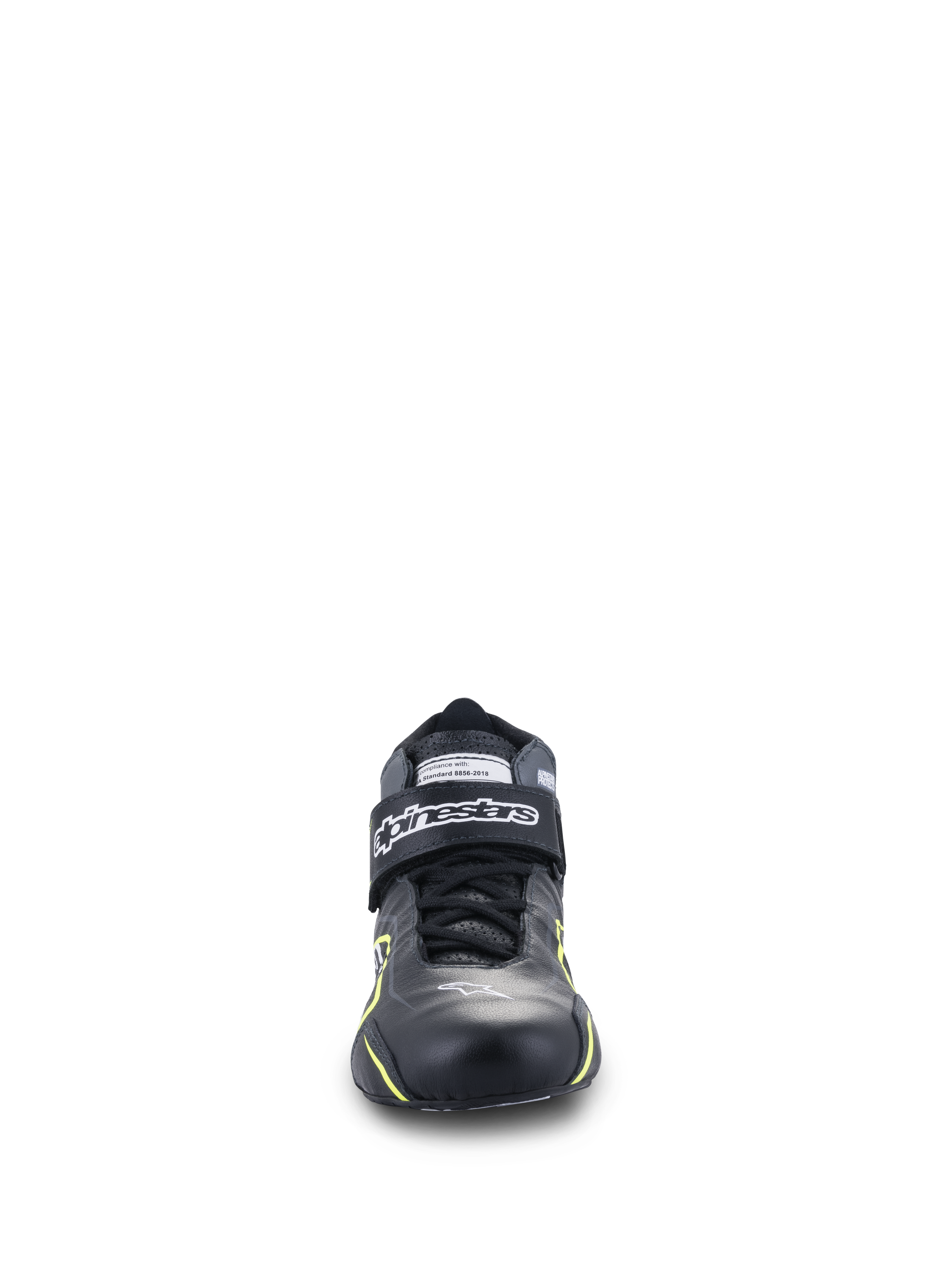 Alpinestars Tech-1 T V3 Shoes FIA, Auto Racing Shoes, Black with Yellow Fluo accents, front-facing view, full leather construction with hook-and-loop ankle strap, white Alpinestars logo, technical design for high-performance driving