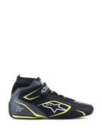 Alpinestars Tech-1 T V3 FIA Racing Shoes, Black and Cool Gray with Yellow Fluo accents, high-top motorsport footwear, perforated bovine leather construction, hook-and-loop ankle strap with laces, white logo and 1T branding, FIA 8856-2018 certified for auto racing