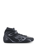 Alpinestars Tech-1 T V3 Shoes FIA, Black and Silver Racing Shoes, High-top leather motorsport footwear with hook and loop ankle strap, Perforated side panels and silver branding, FIA certified for professional auto racing.