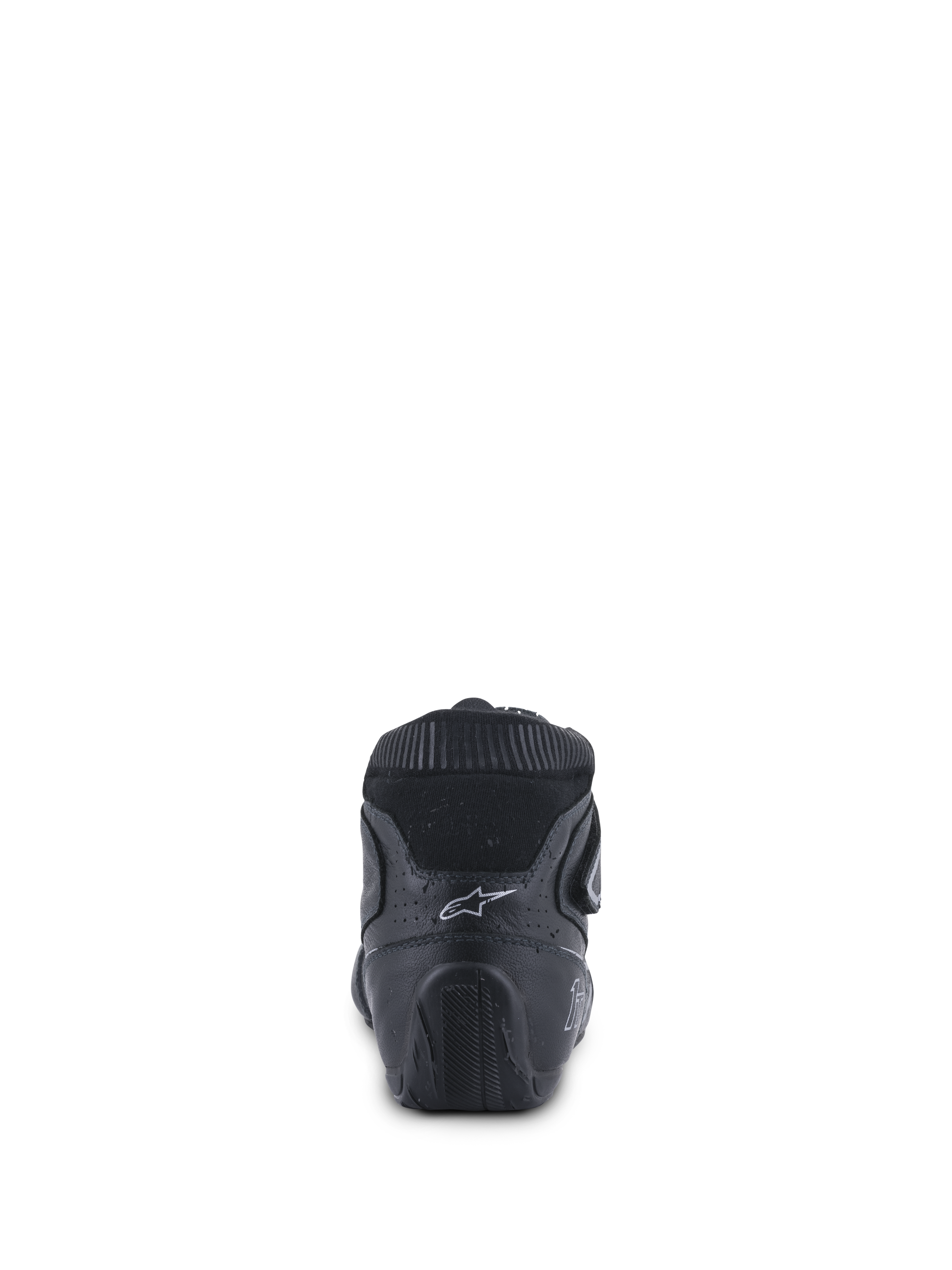 Alpinestars Tech-1 T V3 Shoes FIA, Auto Racing Shoes, Black and Silver, rear view showing the ergonomic heel counter, white Astars logo, and textured rubber sole designed for pedal control.