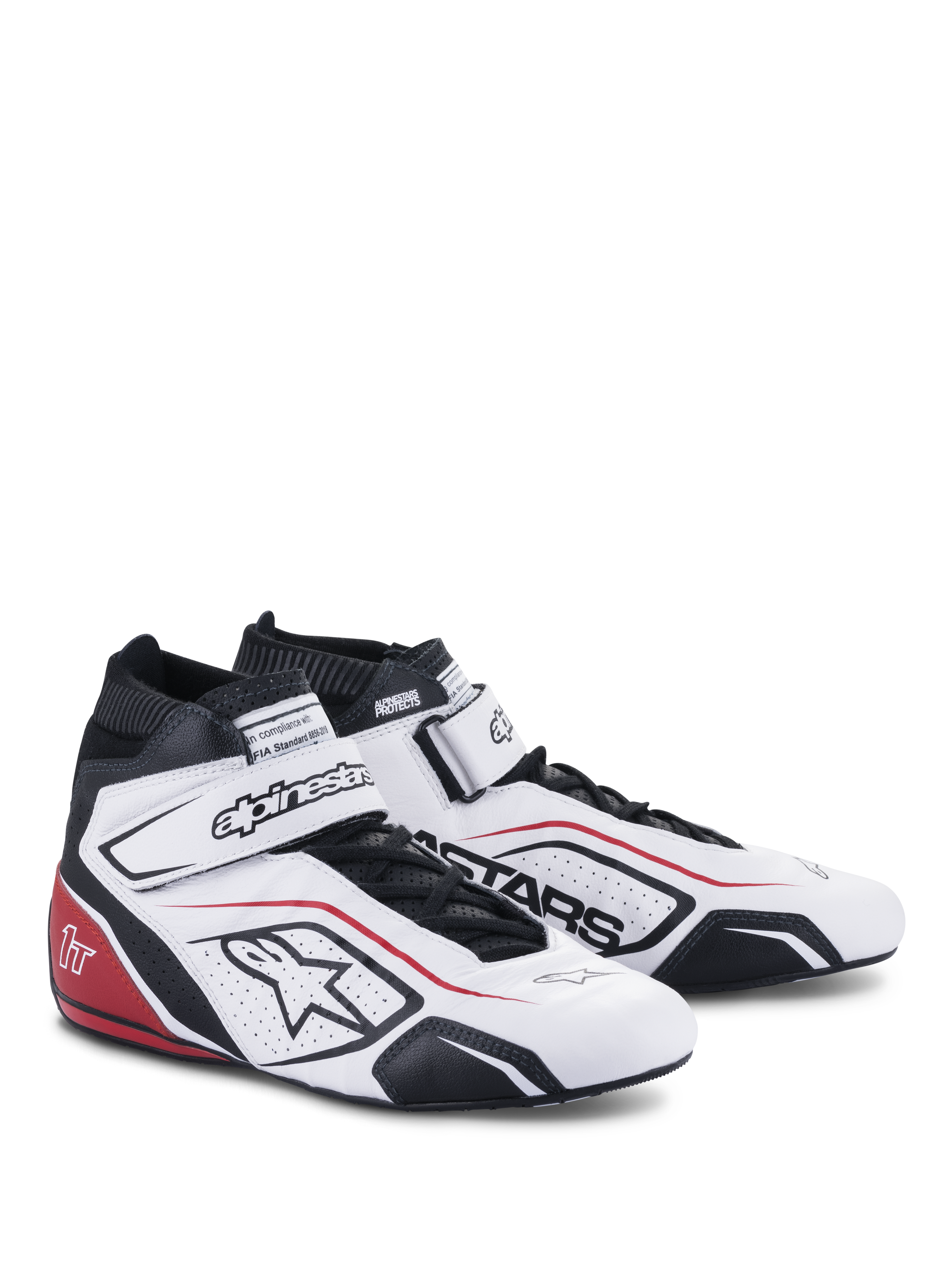 Alpinestars Tech-1 T V3 Shoes FIA, Auto Racing Footwear, White with Black and Red accents, featuring a full-grain leather upper, adjustable hook and loop ankle strap, perforated side panels with the Astars logo, and professional racing design.