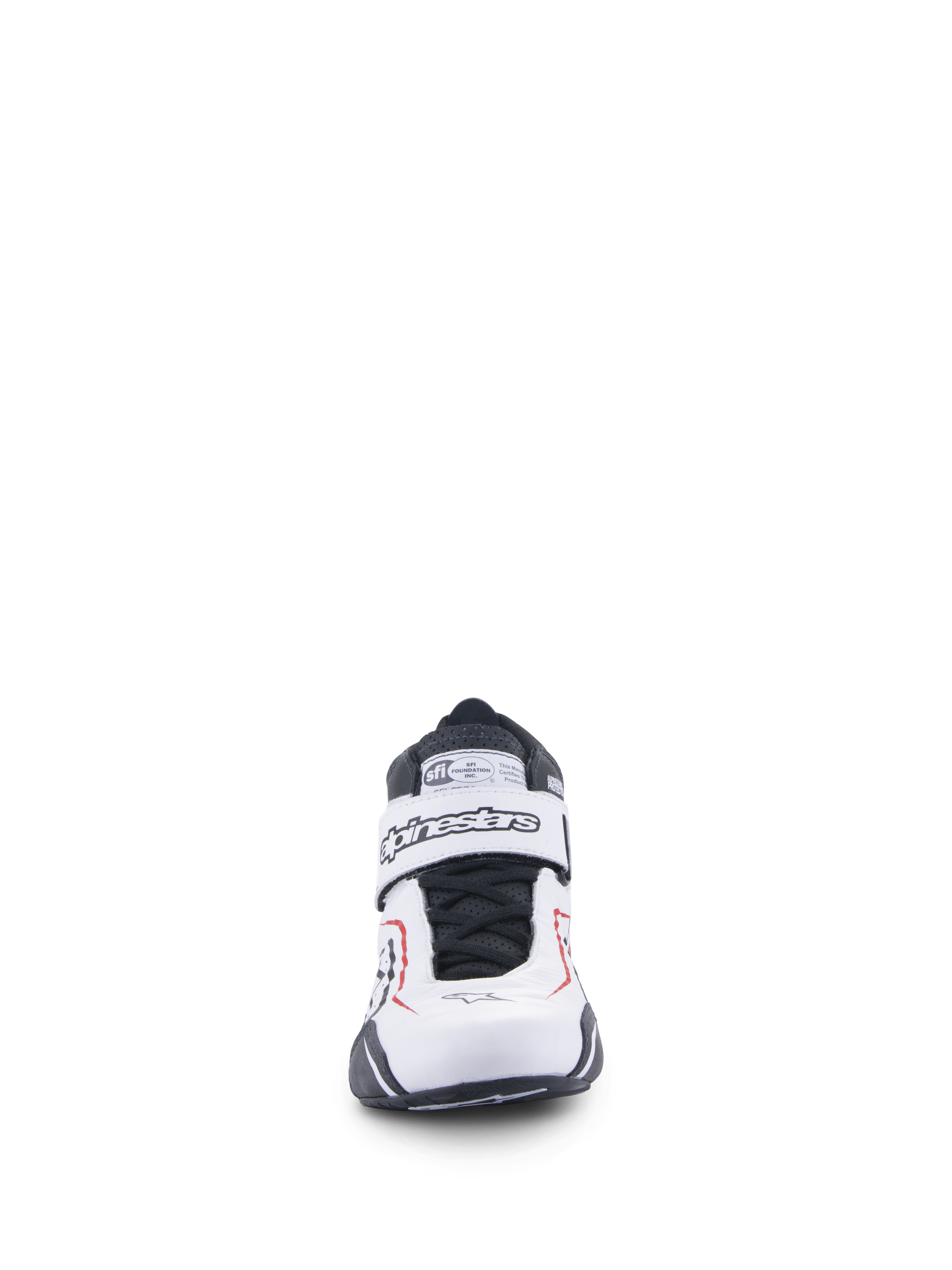 Alpinestars Tech-1 T V3 Shoes, Auto Racing Shoes, White Black and Red, front view featuring hook-and-loop closure strap with Alpinestars branding, black laces, and SFI certification tag on the tongue