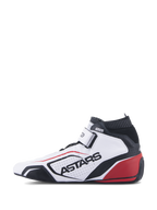 Alpinestars Tech-1 T V3 Shoes FIA, professional auto racing footwear, White Black and Red, profile view featuring ASTARS branding on perforated leather, black fireproof collar, and red heel highlights, performance motorsport design.