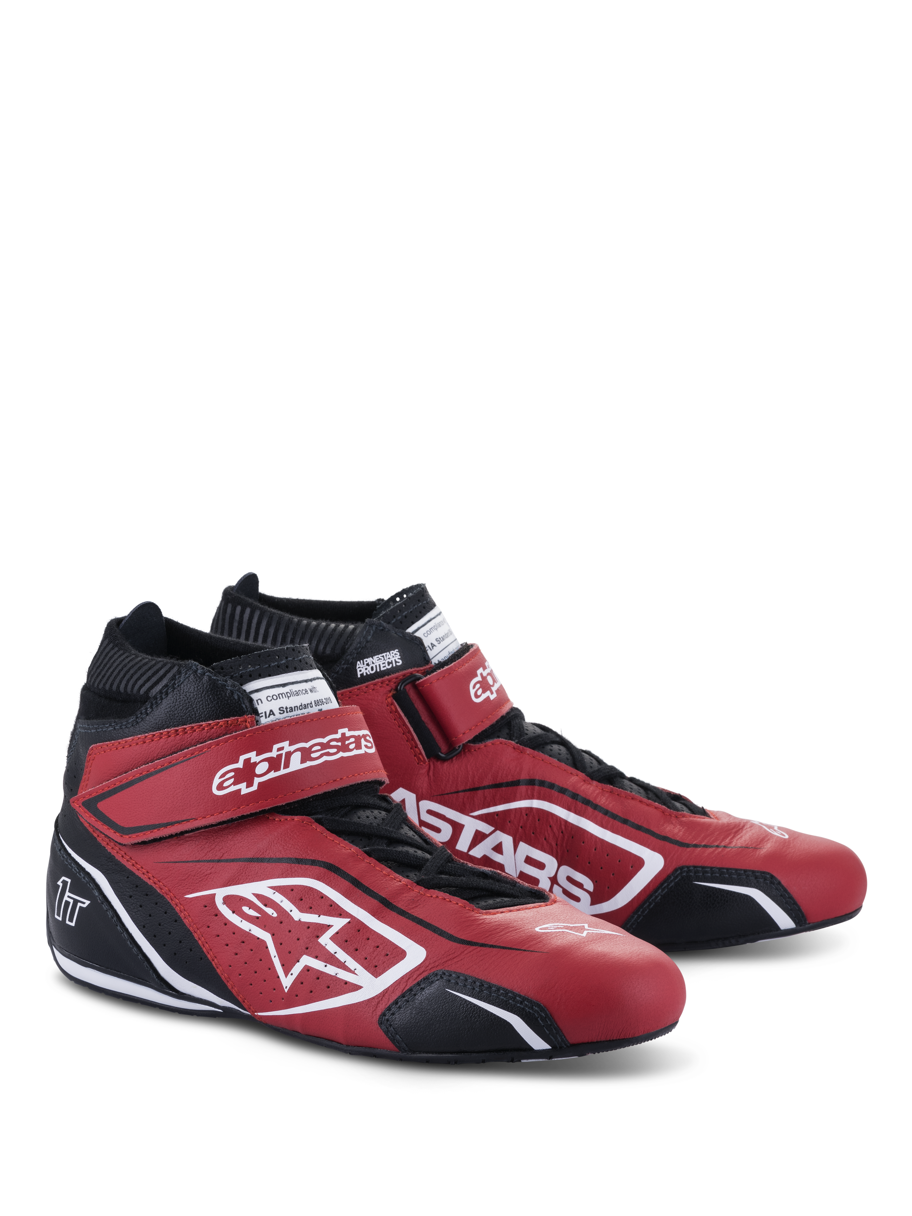 Alpinestars Tech-1 T V3 Shoes FIA, Auto Racing Shoes, Red Black and White, pair of mid-cut leather shoes with adjustable hook and loop straps and traditional laces, featuring bold white Alpinestars branding and perforated side panels.