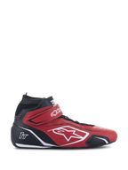 Alpinestars Tech-1 T V3 Shoes FIA, Red and Black Professional Racing Shoes, Side Profile, High-Top Design, White Alpinestars Logo and 1T Branding, Velcro Ankle Strap, Perforated Bovine Leather for Breathability, Thin Black Performance Sole, FIA Certified Motorsport Footwear