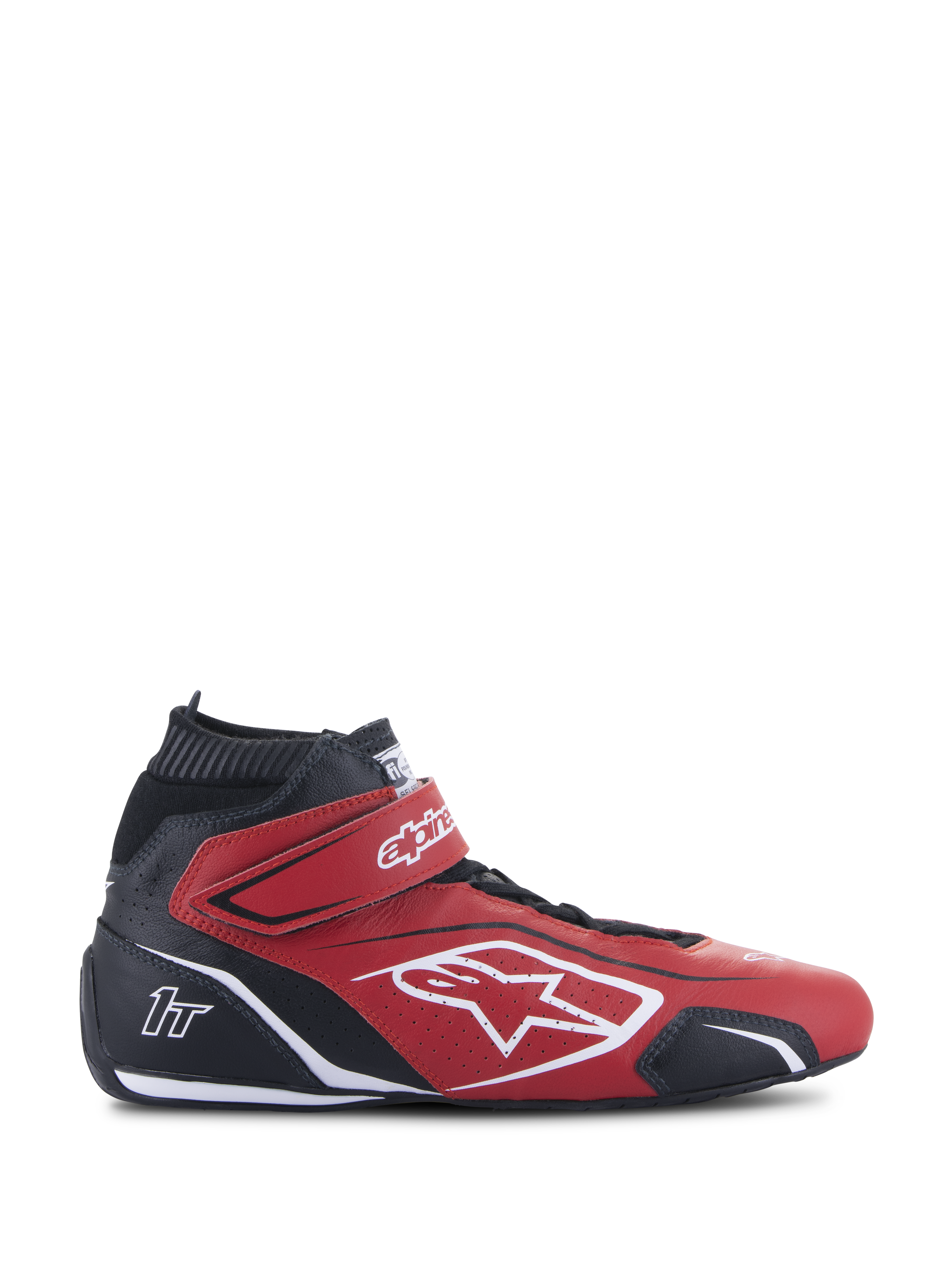 Alpinestars Tech-1 T V3 Shoes FIA, Red and Black Professional Racing Shoes, Side Profile, High-Top Design, White Alpinestars Logo and 1T Branding, Velcro Ankle Strap, Perforated Bovine Leather for Breathability, Thin Black Performance Sole, FIA Certified Motorsport Footwear