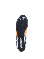 Alpinestars Tech-1 T V3 Shoes FIA, Orange Fluo Black White, bottom view showing the black rubber outsole with an asymmetric tread pattern, white Alpinestars logo on the toe and wordmark on the heel.