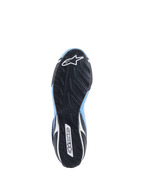 Alpinestars Tech-1 T V3 Shoes FIA, Bottom view of black rubber sole, asymmetric tire tread design, white Alpinestars star and wordmark logos, light blue and black leather accents, auto racing performance footwear