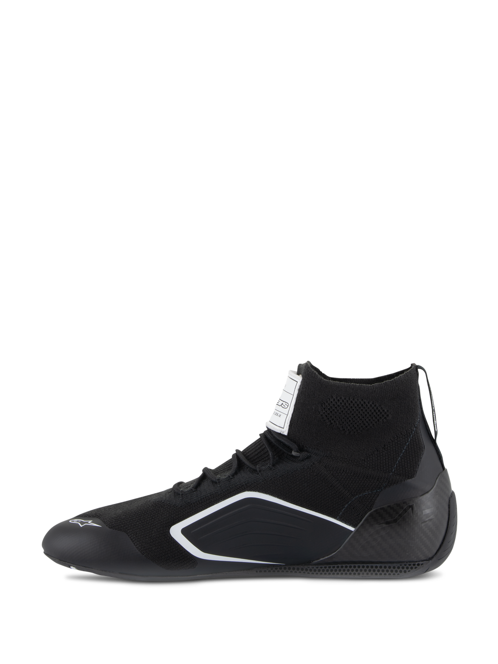 Alpinestars Supertech Shoes, Auto Racing Shoes, Black, side profile view featuring a knitted upper, carbon fiber heel cup, and white geometric accents, professional motorsport footwear