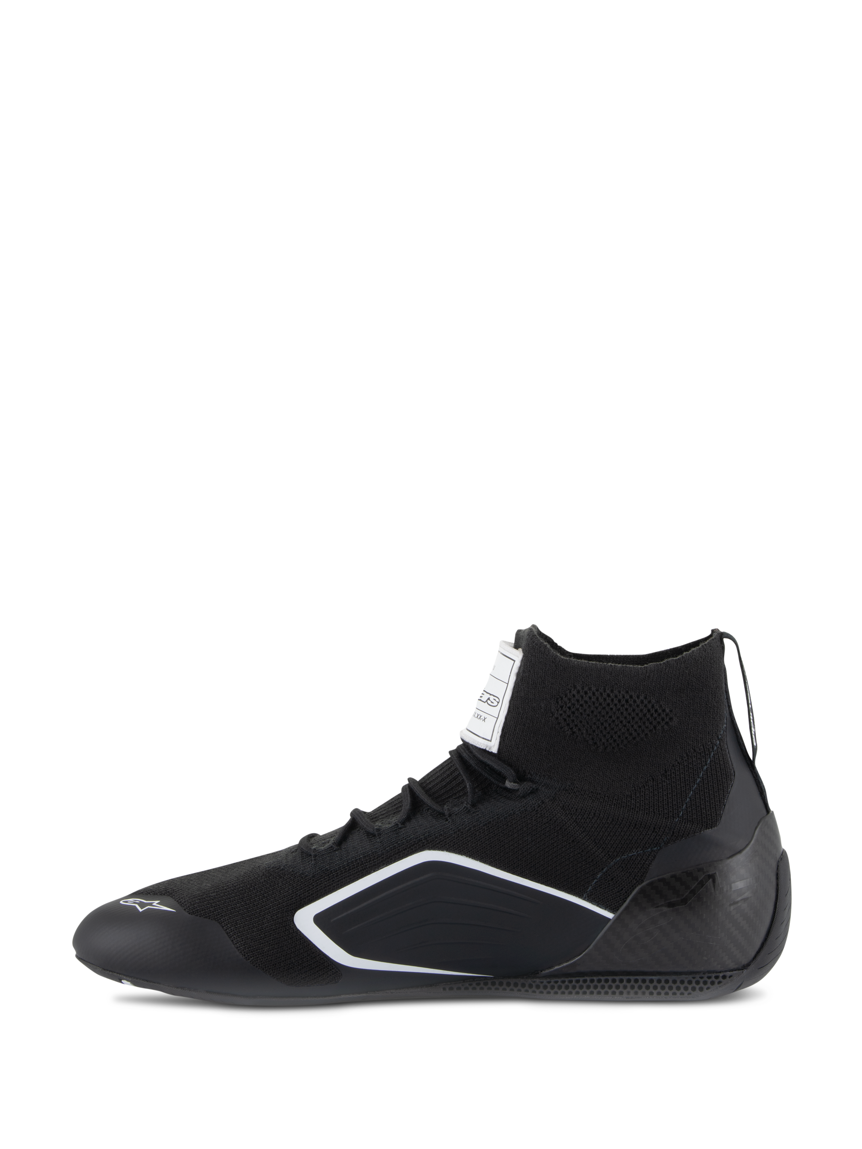 Alpinestars Supertech Shoes, Auto Racing Shoes, Black, side profile view featuring a knitted upper, carbon fiber heel cup, and white geometric accents, professional motorsport footwear
