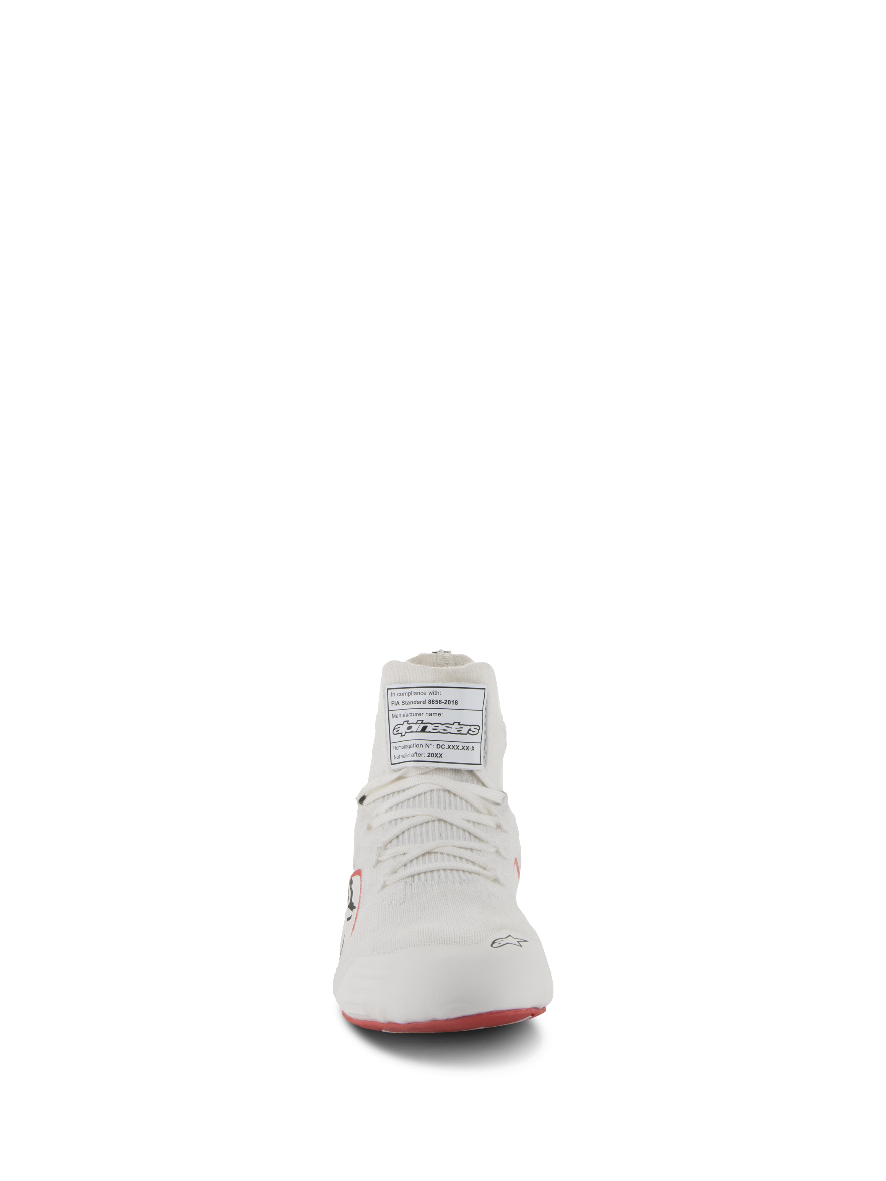 Alpinestars Supertech Shoes, Auto Racing Shoes, White Red and Black, front view featuring the knitted upper construction and FIA homologation label on the tongue, professional motorsport footwear.