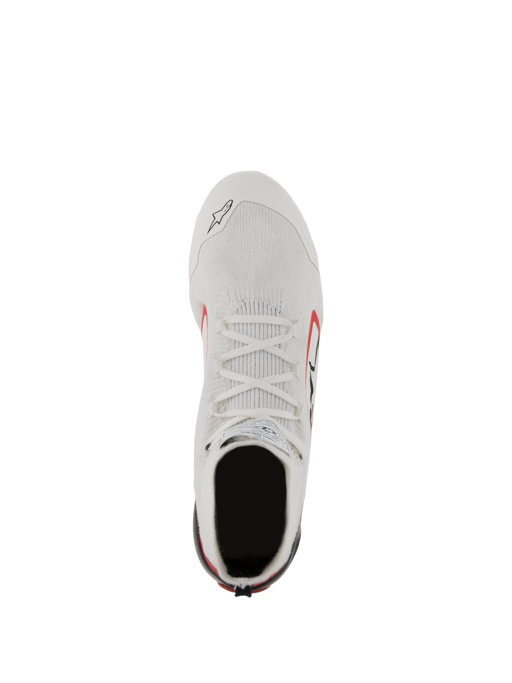 Alpinestars Supertech Shoes, Auto Racing Shoes, White Red and Black, top-down view showing the knitted aramid fiber upper, white laces, and carbon fiber heel lockdown, professional motorsport footwear