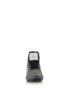Alpinestars Supertech Shoes, Auto Racing Shoes, Cool Gray with Black and Yellow Fluo, front view featuring knitted upper and FIA certification label on the tongue