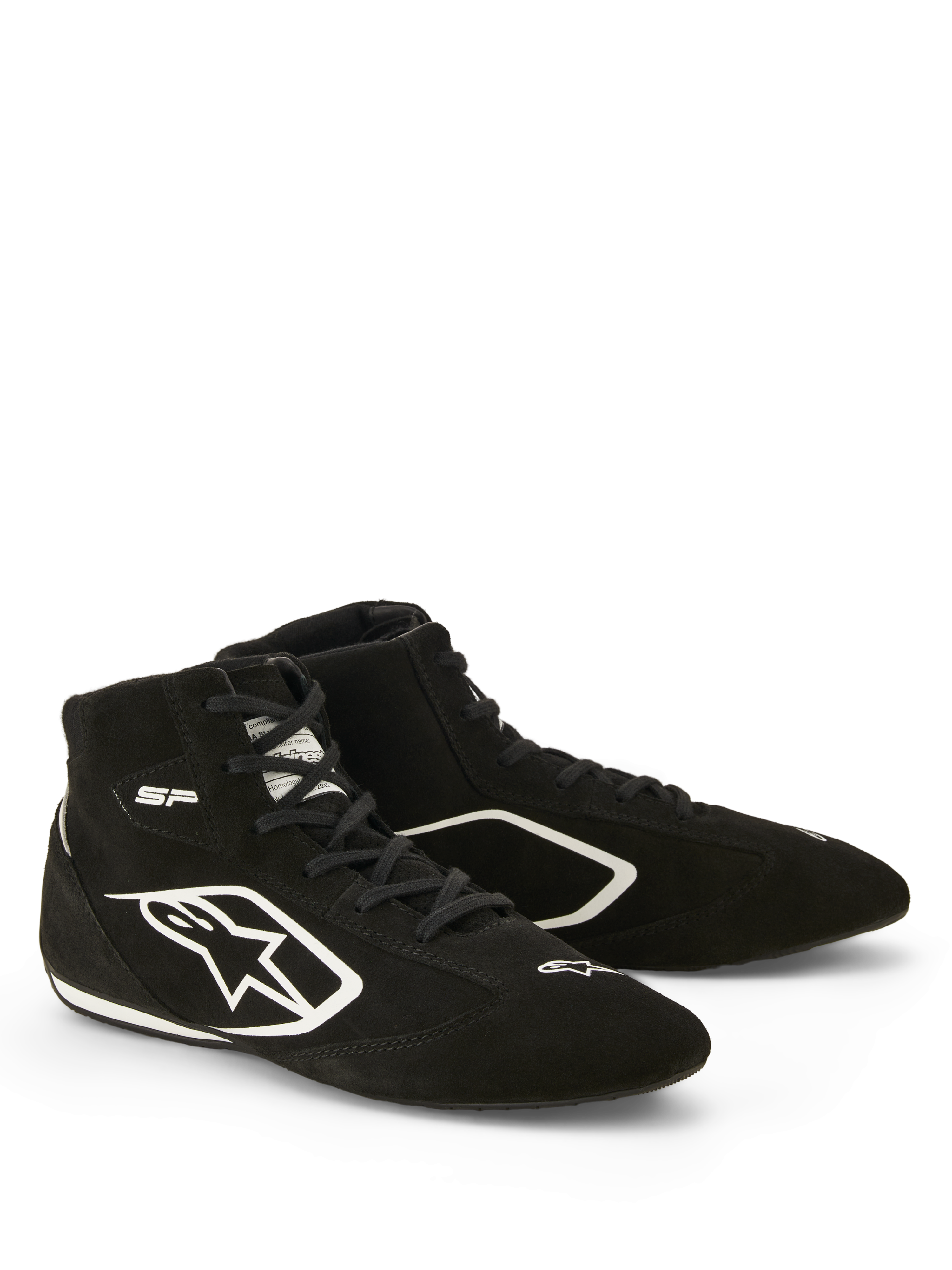 Alpinestars SP V3 Shoes FIA, Auto Racing Shoes, Black and White, premium suede construction, featuring white Astars logo on the side and thin racing-spec sole for enhanced pedal feel