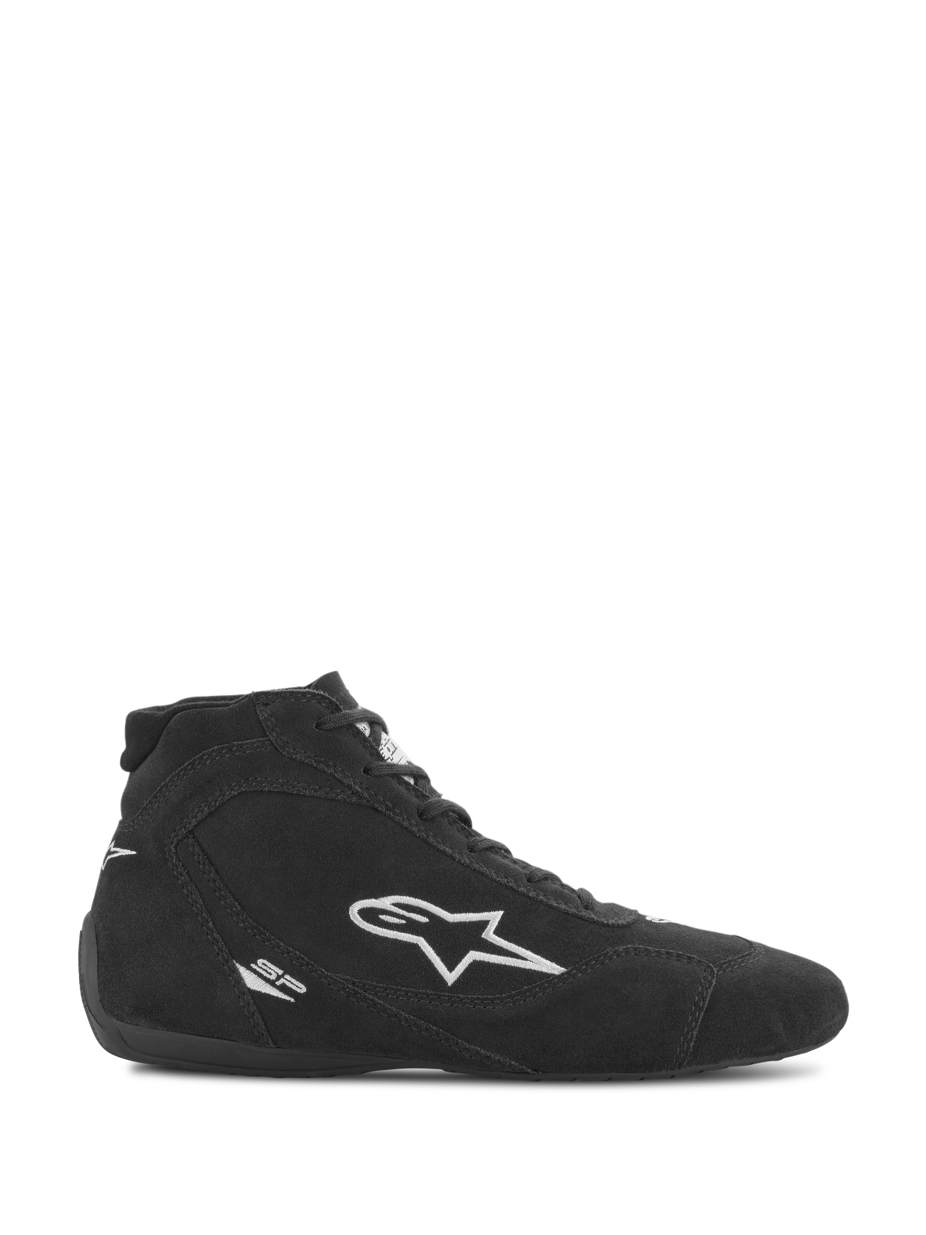 Alpinestars SP V2 Shoes, Auto Racing Footwear, Black suede with white Alpinestars star logo, high-top profile, lace-up closure, ultra-thin racing sole, sleek motorsport design