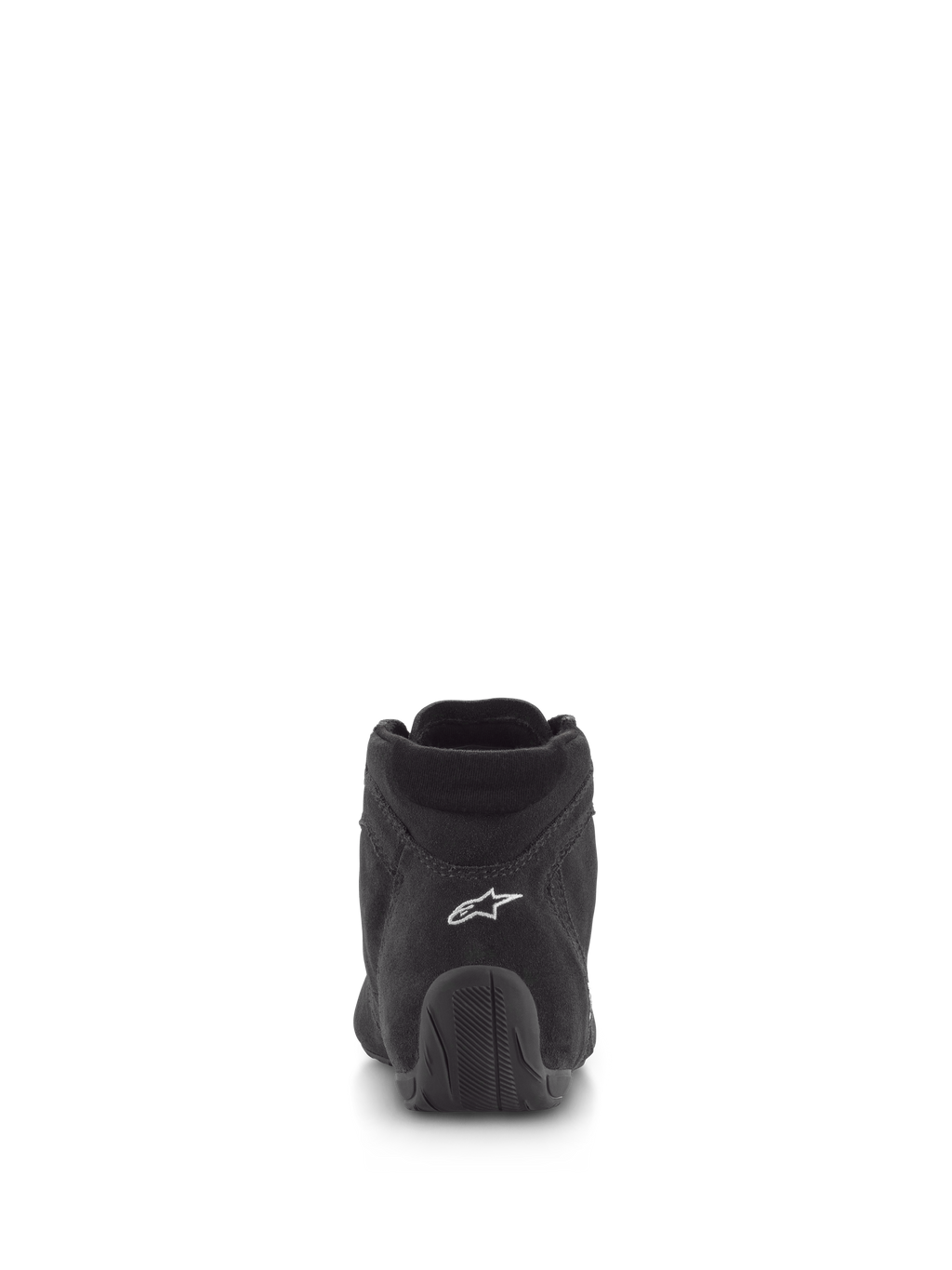 Alpinestars SP V2 Shoes, Auto Racing Shoes, Black, rear view featuring premium suede upper with white logo on the heel and textured rubber sole, professional motorsport footwear