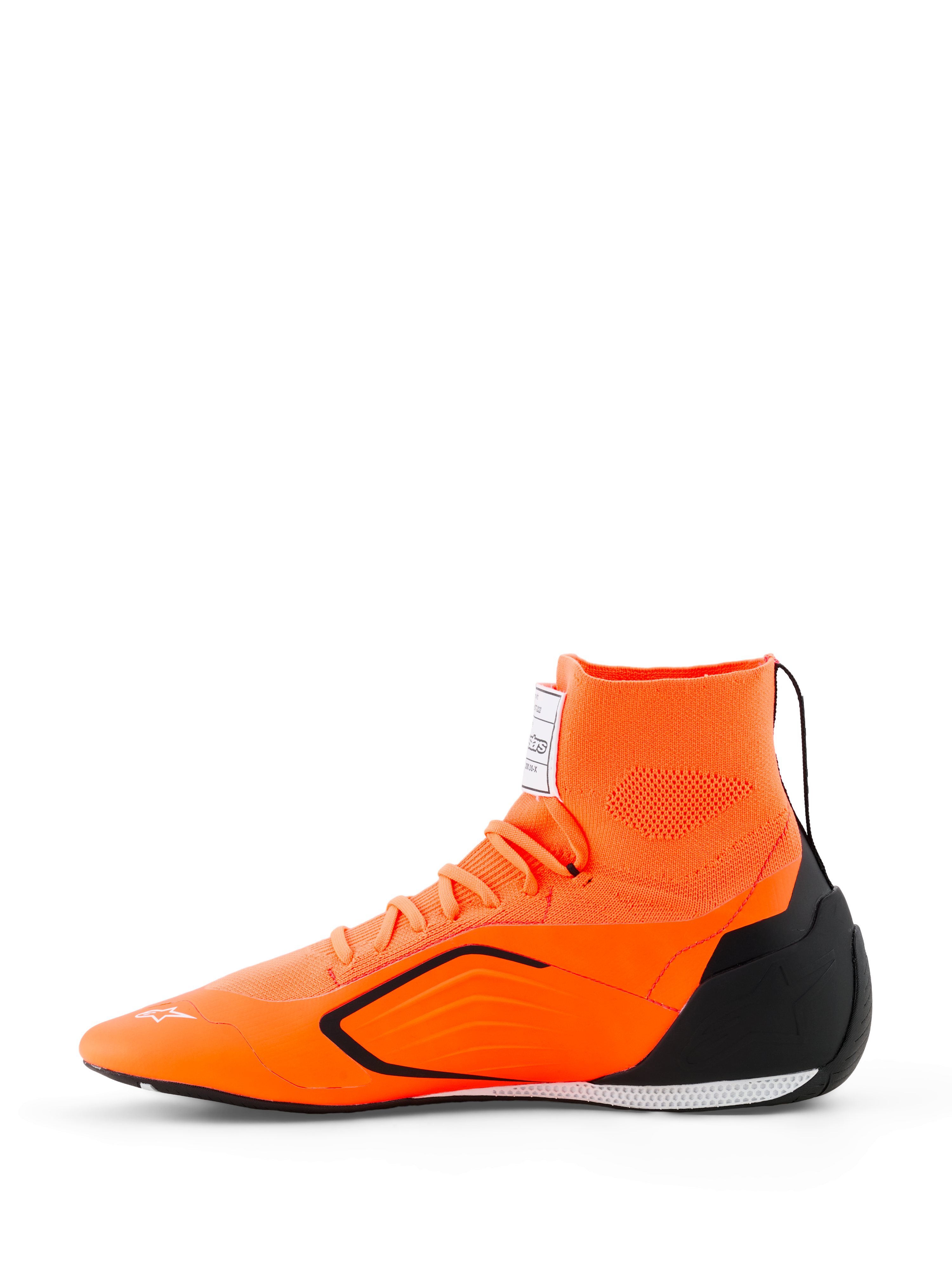 Alpinestars Supertech K Shoes - FIA, Karting Racing Shoes, Orange Fluo Black and White, side view featuring a seamless knitted upper, integrated ankle collar, black TPU heel counter, and ultra-thin performance outsole.