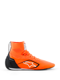 Alpinestars Supertech K Shoes - FIA, Karting Racing Shoes, Orange Fluo with black and white accents, high-top knitted construction with white star logo, black TPU heel counter, ultra-thin racing sole, side profile view