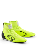 Alpinestars Supertech K Shoes, Karting Shoes, Yellow Fluo Black and White, featuring a bright neon yellow knitted upper with a black star logo, injected TPU heel counter, white FIA label on the tongue, and sleek motorsport design