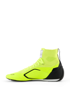 Alpinestars Supertech K Shoes - FIA, Karting Shoes, Yellow Fluo Black White, side view featuring a fully knitted upper with a sock-like collar, black TPU heel counter, thin white and black outsole, and Alpinestars branding on the toe and tongue