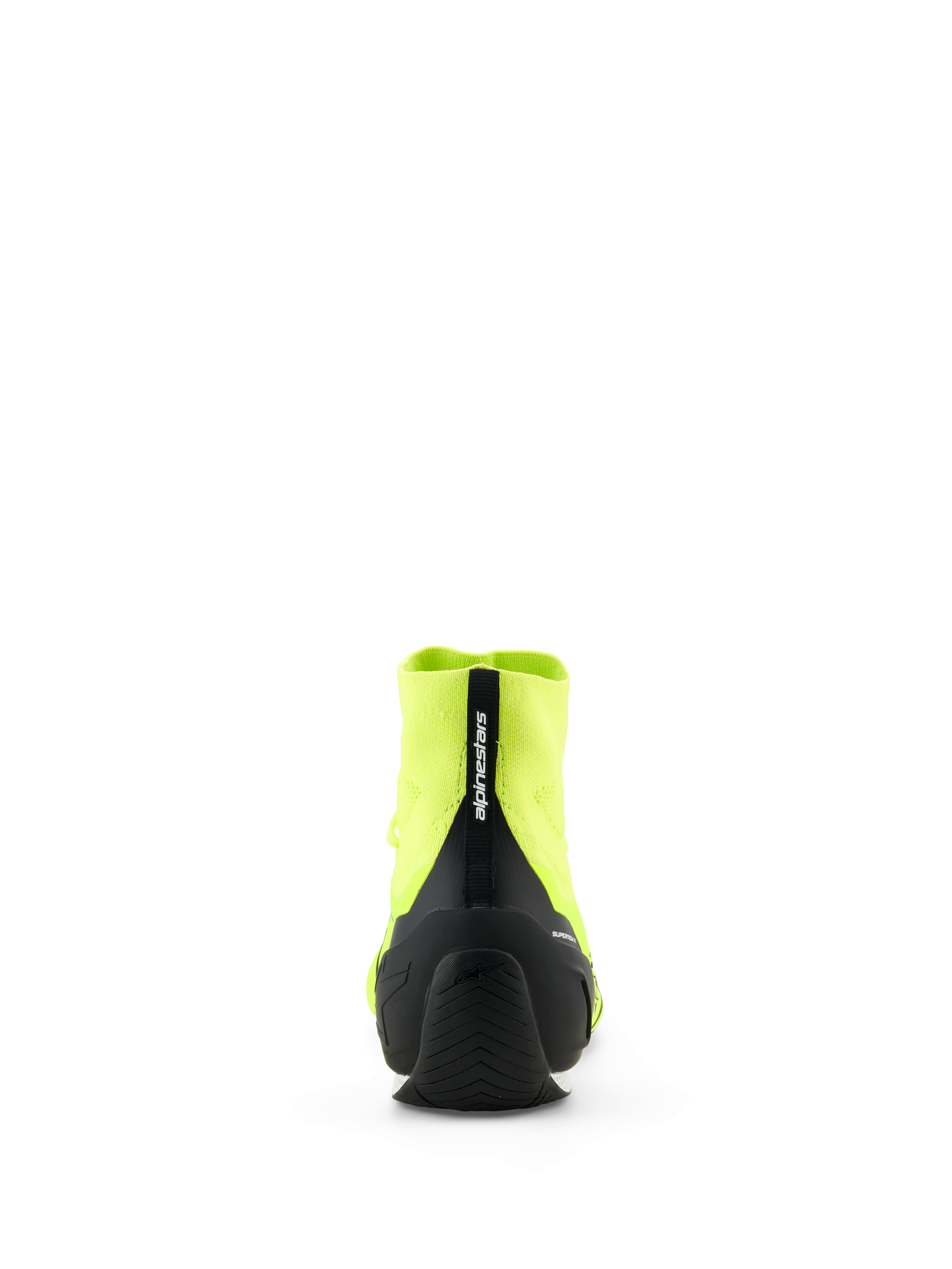 Alpinestars Supertech K Shoes - FIA, Karting Racing Shoes, Yellow Fluo and Black, rear view showing black injected TPU heel counter and pull tab with Alpinestars branding, knitted upper construction, thin rubber outsole designed for racing performance.
