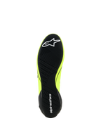 Alpinestars Supertech K Shoes - FIA, Karting Shoes, Yellow Fluo Black and White, outsole view with black asymmetric tread pattern, featuring white star logo on the forefoot and alpinestars text on the heel, thin rubber sole for pedal sensitivity.