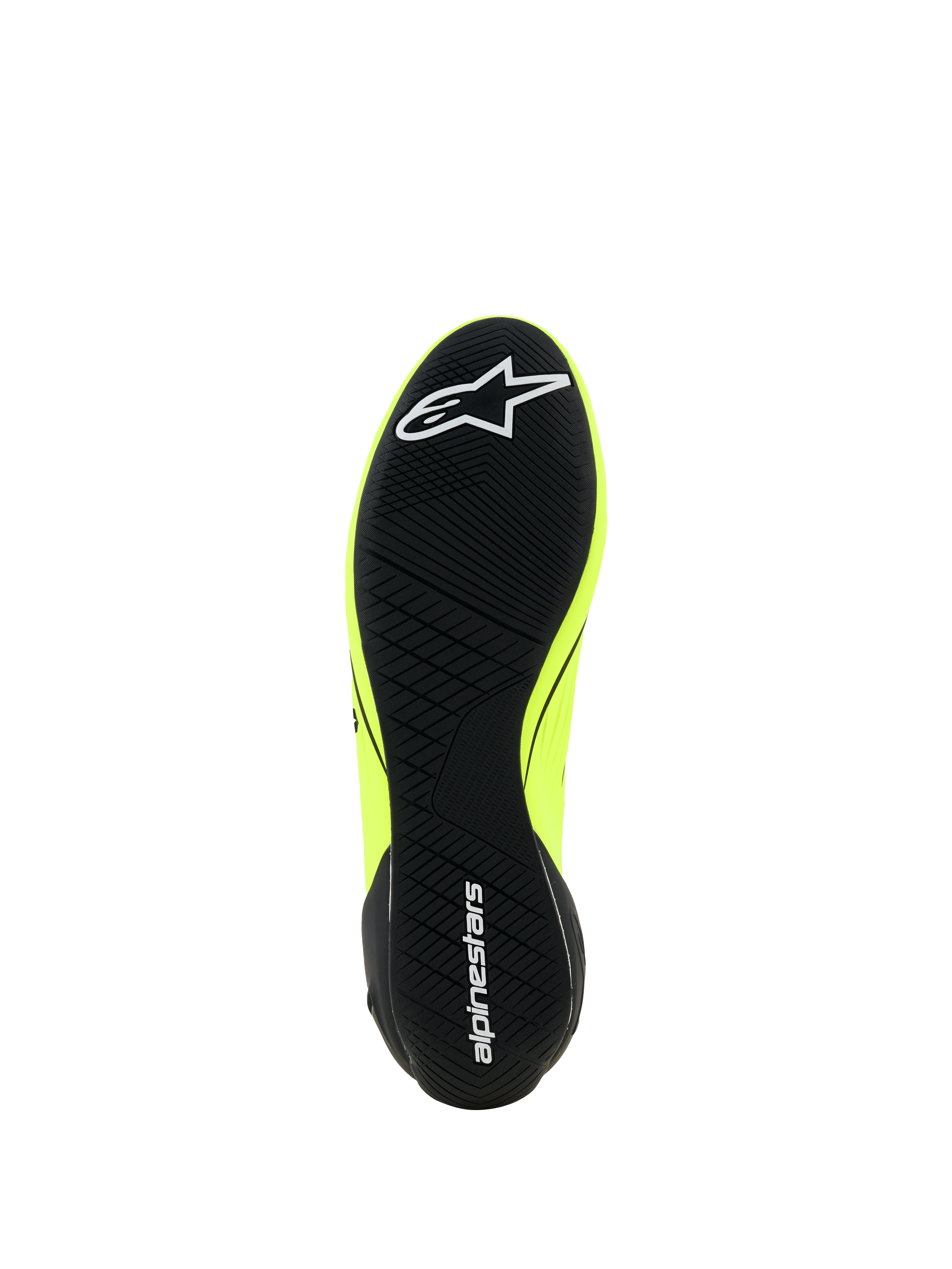 Alpinestars Supertech K Shoes - FIA, Karting Shoes, Yellow Fluo Black and White, outsole view with black asymmetric tread pattern, featuring white star logo on the forefoot and alpinestars text on the heel, thin rubber sole for pedal sensitivity.