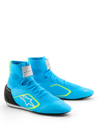 Alpinestars Supertech K Shoes - FIA, Karting Shoes, Light Blue with Black and Yellow Fluo accents, high-top knitted upper, white Astars logo on the side, black TPU heel counter, professional motorsport performance footwear