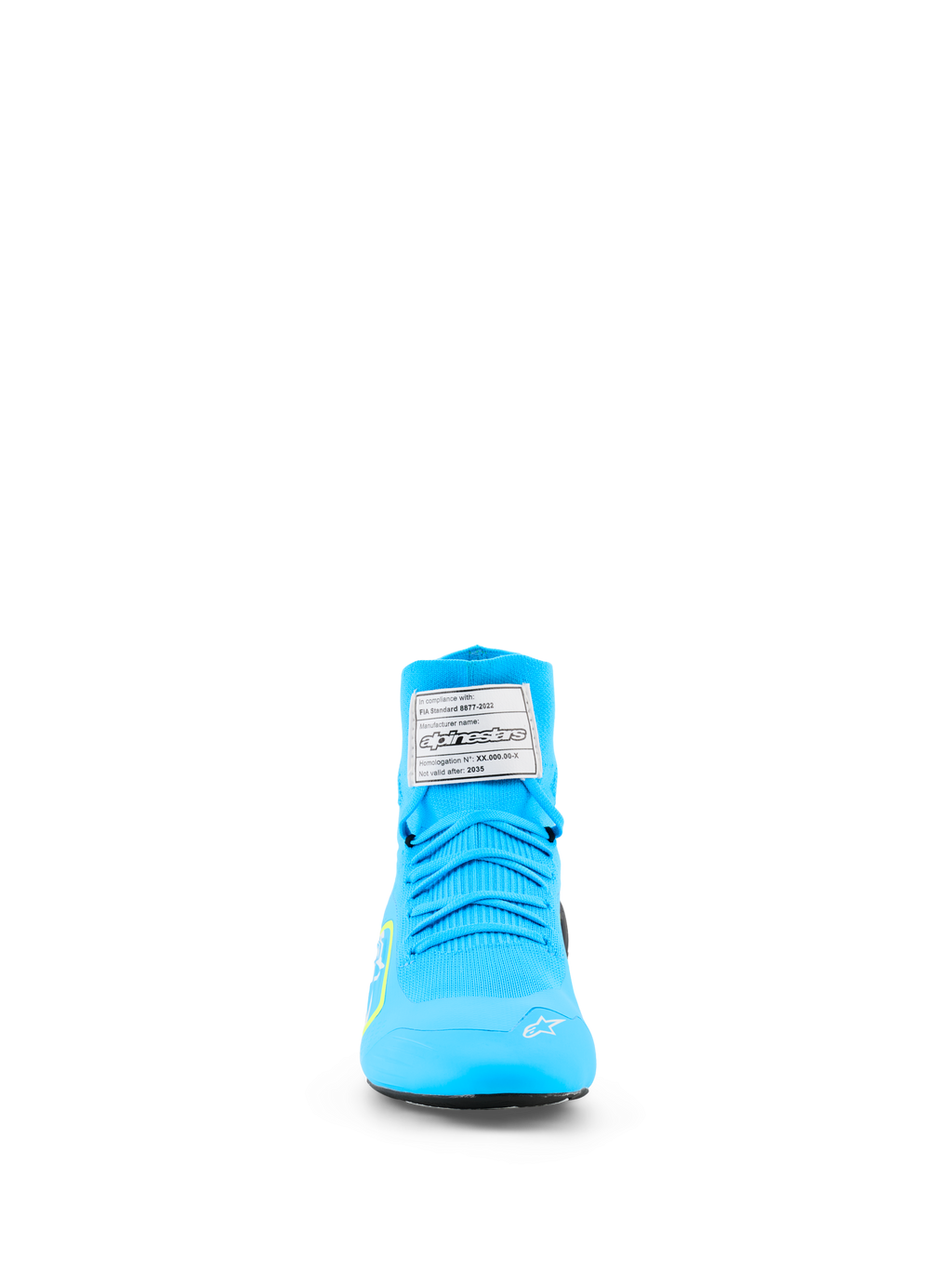Alpinestars Supertech K Shoes - FIA, Karting Shoes, Light Blue and Yellow Fluo, front view featuring a fully knitted upper, white FIA certification label on the tongue, and white star logo on the toe