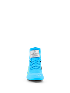 Alpinestars Supertech K Shoes - FIA, Karting Shoes, Light Blue and Yellow Fluo, front view featuring a fully knitted upper, white FIA certification label on the tongue, and white star logo on the toe