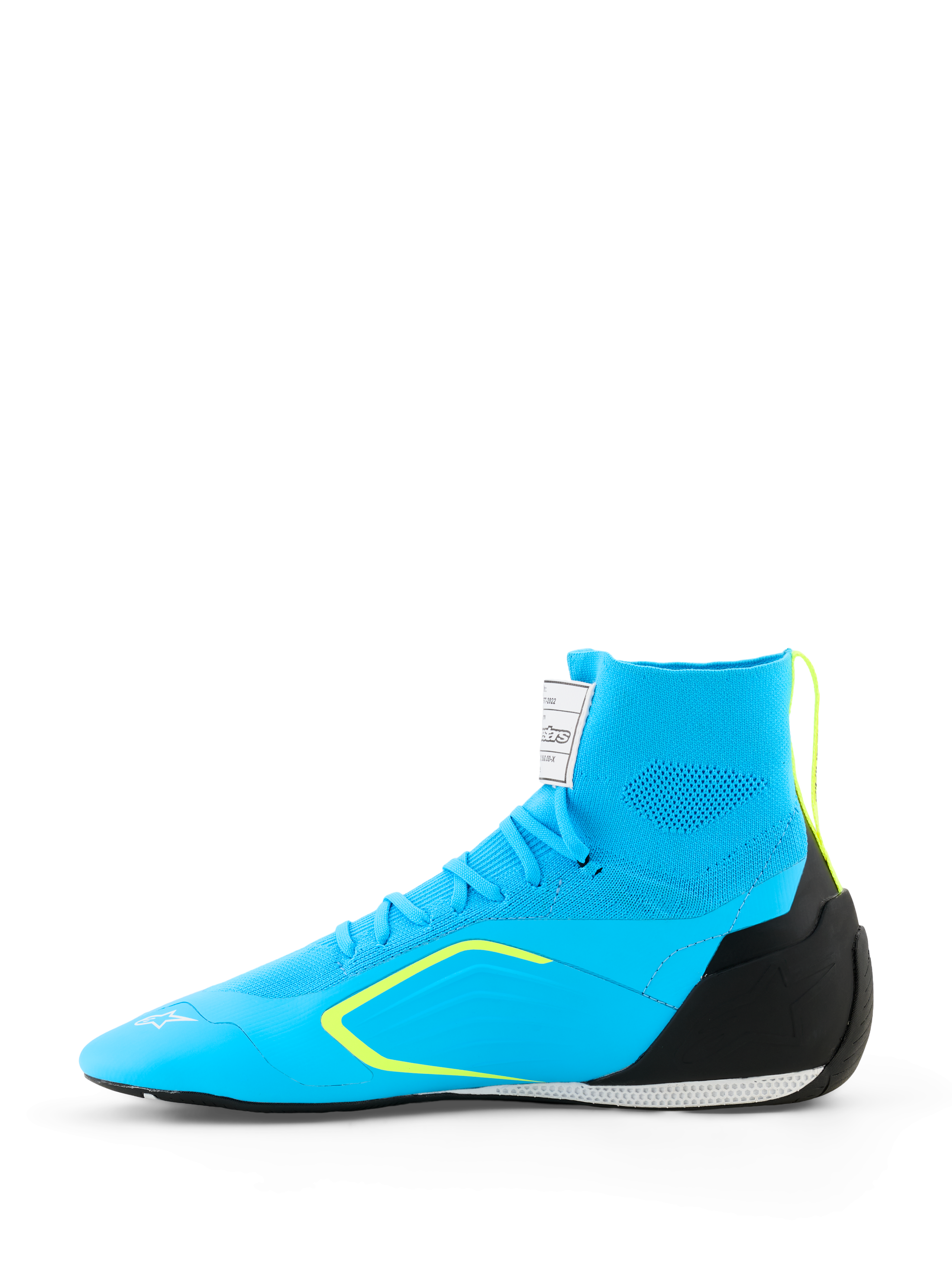 Alpinestars Supertech K Shoes - FIA, Karting Shoes, Light Blue with Black and Yellow Fluo accents, side view featuring knitted upper construction, TPU heel counter, and thin racing sole