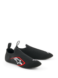 Alpinestars Tech Gaming Shoes, Sim-Racing Footwear, Black, featuring a seamless knitted stretch upper, white embroidered logo with red accents, low-profile sock-like design with rear pull tabs, optimized for pedal sensitivity
