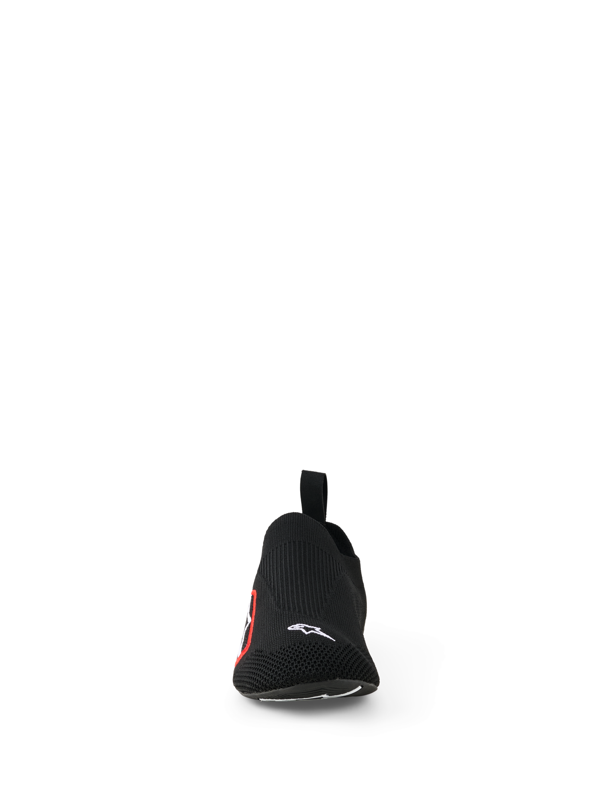 Alpinestars Tech Gaming Shoes, Sim Racing Footwear, Black, front view featuring a seamless knitted stretch upper, small white Alpinestars logo on the toe, red and white side logo, lightweight design for pedal sensitivity and comfort