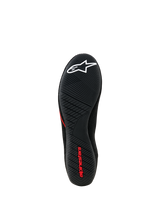 Alpinestars Tech Gaming Shoes, Outsole View, Black ultra-thin rubber sole with textured grip pattern, white star logo and red Alpinestars branding, SIM-racing footwear