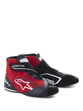 Alpinestars SP+ Shoes, High-Top Racing Shoes, Black and Red, featuring suede and leather construction, white star logo on the side, adjustable hook-and-loop strap, professional motorsport footwear with ankle support